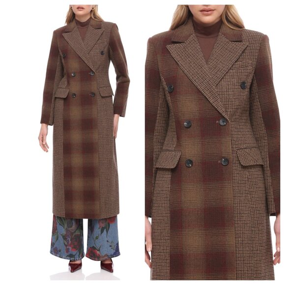Avec Les Filles Colorblock Plaid Double Breasted Maxi Coat - Picture 2 of 3